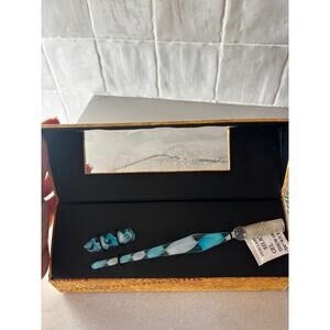 Venetian Glass Dip Pen Set Blue Swirl w/ Holder Boxed Writing Collection NEW
